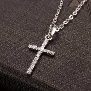 Gold Cross Pendant Necklace Synthetic Diamonds Christian Catholic Gift NEW